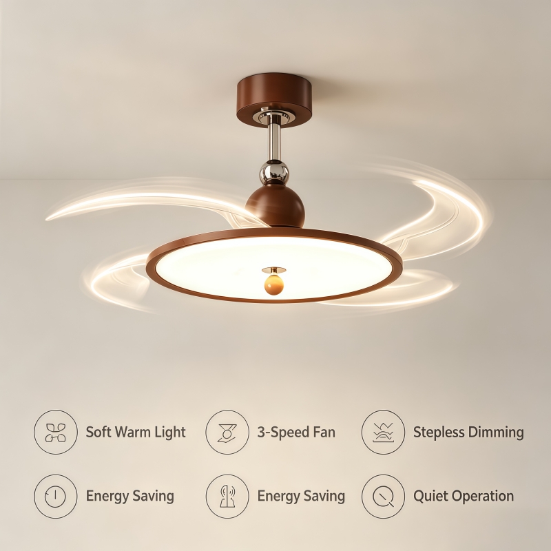 Lighting Decoration On Wall - Retractable Blades Fan Ceiling Light Walnut